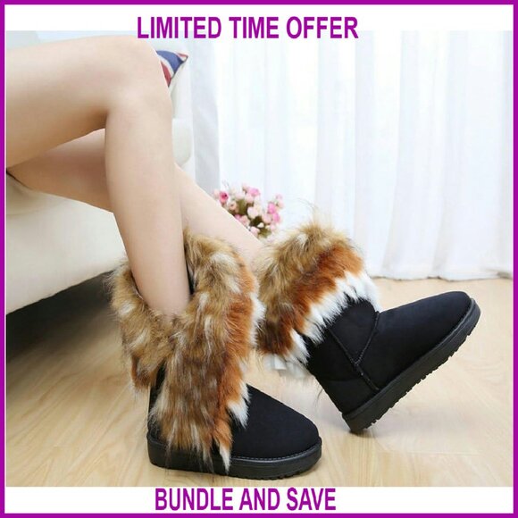 Faux Fur Tassel Winter Snow Boots Suede Flat Ankle Booties - Picture 2 of 4